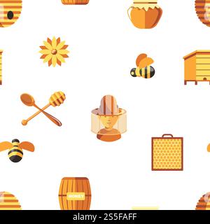 Honig und Bienen, Imker tragen Schutzanzug nahtloses Muster isoliert auf weißem Vektor. Bienenstock, Hobby von Männern, Bienenzucht, Topf mit Produkten, Landwirtschaft und Landwirtschaft. Honig und Bienen, Imker tragen Schutzanzug nahtloses Muster isoliert auf weißem Vektor. Stock Vektor