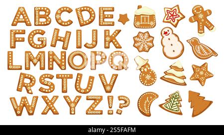 Frohe Feiertage, Weihnachten abc Buchstaben Schriftart, Grafik Design Vektor. Schilder in Form von Bäckerei mit Ingwer, Lebkuchenmann und Stern, Haus und Kiefer, Kekse Set. Alphabetische Symbole für die Feier. Frohe Feiertage, Weihnachten abc Buchstaben Schriftart, Grafik Design Vektor. Stock Vektor