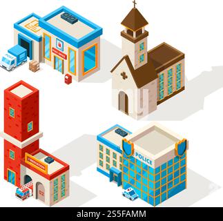 Außenbereiche von kommunalen Gebäuden. Vektor-3D-Bilder. Illustration von Post und Polizeistation. Außenbereiche von kommunalen Gebäuden. Vektor-3D-Bilder Stock Vektor