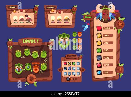 Comic-Spiel-ui. Holzelemente und Popup-Menü, Schaltflächen und Symbole. Vektordesign der 2D-Spieloberfläche. Abbildung: Spieloberfläche, Comic-gui-Menü. Comic-Spiel-ui. Holzelemente und Popup-Menü, Schaltflächen und Symbole. Vektordesign der 2D-Spieloberfläche Stock Vektor