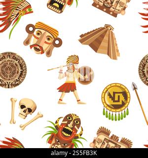 Maya traditionelle Attribute und alte unbezahlbare Relikte nahtloses Muster. Alte Pyramiden, scharfer Speer, solider Schild, authentischer Kopfschmuck, menschlicher Schädel, Holztotem und archäologische Funde Vektorillustrationen. Maya traditionelle Attribute und alte unbezahlbare Relikte nahtloses Muster. Stock Vektor