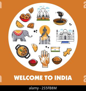 Promo-Poster für indische Kultur mit nationalen Symbolen. Religiöse Attribute, architektonische Konstruktionen, scharfe Küche und exotische Tiere im großen Kreis kommerzielle Banner Cartoon Vektor Illustration.. Promo-Poster für indische Kultur mit nationalen Symbolen. Religiöse Attribute, architektonische Konstruktionen Stock Vektor