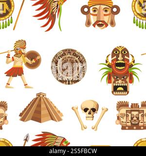 Maya traditionelle Attribute und alte unbezahlbare Relikte nahtloses Muster. Alte Pyramiden, scharfer Speer, solider Schild, authentischer Kopfschmuck, menschlicher Schädel, Holztotem und archäologische Funde Vektorillustrationen. Maya traditionelle Attribute und alte unbezahlbare Relikte nahtloses Muster. Stock Vektor