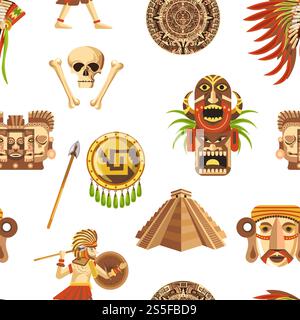 Maya traditionelle Attribute und alte unbezahlbare Relikte nahtloses Muster. Alte Pyramiden, scharfer Speer, solider Schild, authentischer Kopfschmuck, menschlicher Schädel, Holztotem und archäologische Funde Vektorillustrationen. Maya traditionelle Attribute und alte unbezahlbare Relikte nahtloses Muster. Stock Vektor