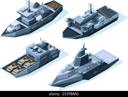 Isometrische Kriegsschiffe. Vektor-Militärboote. Illustration von Kriegsschiff Militär, Schiff und Boot, Schiff nautisch mit Waffe für Armee. Isometrische Kriegsschiffe. Vektor-Militärboote isoliert auf weiß Stock Vektor