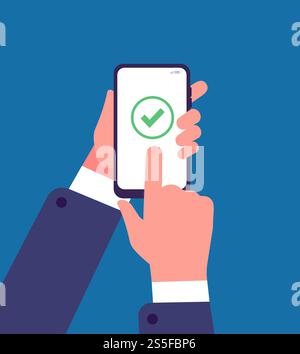 Grünes Häkchen auf dem Smartphone-Bildschirm. Online-Umfrage, Webanwendung für Fragebogen. Konzept des Vektors für erfolgreiche Zahlungen. Smartphone-Mobiltelefon mit Häkchen. Grünes Häkchen auf dem Smartphone-Bildschirm. Online-Umfrage, Webanwendung für Fragebogen. Konzept des Vektors für erfolgreiche Zahlungen Stock Vektor