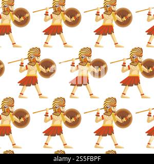 Maya traditionelle Attribute und alte unbezahlbare Relikte nahtloses Muster. Alte Pyramiden, scharfer Speer, solider Schild, authentischer Kopfschmuck, menschlicher Schädel, Holztotem und archäologische Funde Vektorillustrationen. Maya traditionelle Attribute und alte unbezahlbare Relikte nahtloses Muster. Stock Vektor