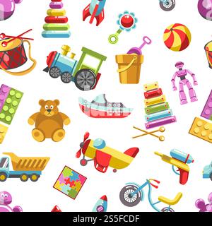 Nahtloses Muster für Vektorsymbole für Kinder. Kinderspielzeug-Set für Mädchen und Jungen im Kindergarten. Flacher Teddybär, Pyramide und Fahrrad, Rakete, Ball und Zug. Nahtloses Muster für Vektorsymbole für Kinder. Kinderspielset Stock Vektor