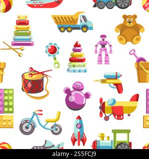 Nahtloses Muster für Vektorsymbole für Kinder. Kinderspielzeug-Set für Mädchen und Jungen im Kindergarten. Flacher Teddybär, Pyramide und Fahrrad, Rakete, Ball und Zug. Nahtloses Muster für Vektorsymbole für Kinder. Kinderspielset Stock Vektor