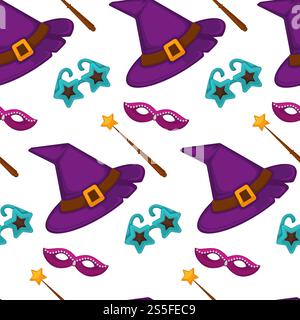Karnevalsmasken und Kostümzubehör nahtloses Muster. Vektor flache Symbole Set aus Geburtstagsfeier Karnevalsmaske, Hexenhut und Perücke, Engelsflügel oder lustige Nase oder Schnurrbart Brille, Hasenohren und Zauberhut. Karnevalsmasken und Kostümzubehör nahtloses Muster. Stock Vektor