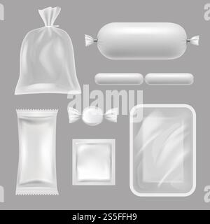 Leere Lebensmittelverpackungen. Vektorrealistische Bilder von Polyethylenverpackungen. Illustration von Polyethylen realistisch für Lebensmittel, Behälter für Süßigkeiten und Kondom. Leere Lebensmittelverpackungen. Vektorrealistische Bilder von Polyethylenverpackungen Stock Vektor