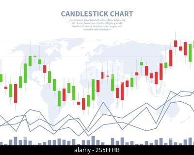 Börsenkonzept. Kerzenständer Karte Weltkarte. Globales Finanzmarketing, abstraktes Forex-Vektorkonzept für Börseninvestitionen. Gewinndaten Diagramm Aktien, Finanzdiagramm Kerzenillustration. Börsenkonzept. Kerzenständer Karte Weltkarte. Globales Finanzmarketing, abstraktes Forex-Vektorkonzept für Börseninvestitionen Stock Vektor