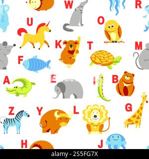 Alphabettiere und Buchstaben Untersuchungsmaterial für Kindervektor. U für Einhorn, Hund und Igel, Maus und Katze, Fisch und Schildkröte, Schnecke und Alligator. Nahtloses Muster mit abc für kleine Kinder zum Lernen. Alphabettiere und Buchstaben Untersuchungsmaterial für Kindervektor. U für Einhorn, Hund und Igel, Maus und Katze, Fisch und Schildkröte, Schnecke und Alligator. Stock Vektor