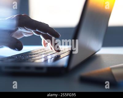 Ein Mann, der online an seinem Laptop arbeitet, während Sonnenlicht durch das Fenster kommt Stockfoto