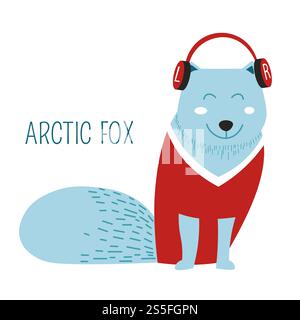 Polarfuchs hört Musik und trägt Kopfhörer Vektor. Lustige Tiere, die sich entspannen und ausruhen, Geräusche von Ohrhörern. Pelztier in warmem Strickpullover, geschützt vor kaltem Winterwetter. Polarfuchs hört Musik und trägt Kopfhörer Stock Vektor