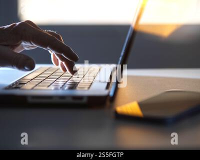 Ein Mann, der online an seinem Laptop arbeitet, während Sonnenlicht durch das Fenster kommt Stockfoto