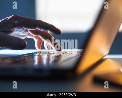 Ein Mann, der online an seinem Laptop arbeitet, während Sonnenlicht durch das Fenster kommt Stockfoto