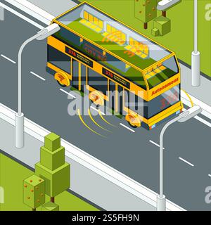 Selbstfahrendes Auto. Autonomes Fahrzeug auf der Straße Konzeptbild des selbststeuernden Kfz-Systems in automobilen Vektorisometrischen. Bus autonomes Fahrzeug, Transporttechnik automatisierte Illustration. Selbstfahrendes Auto. Autonomes Fahrzeug auf der Straße Konzeptbild des selbststeuernden Kfz-Systems in automobilen Vektorisometrischen Stock Vektor