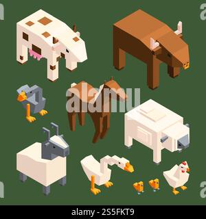 3D-Low-Poly-Tiere. Vektorisometrische Nutztiere isolieren. Illustration von Stier und Gans, Ziege und Huhn. 3D-Low-Poly-Tiere. Vektorisometrische Nutztiere isolieren Stock Vektor