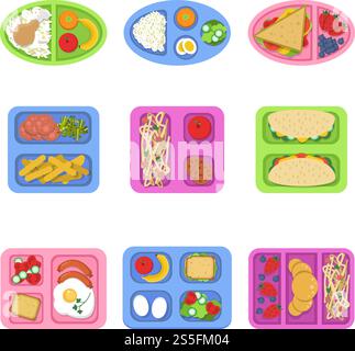 Lunchboxen. Essensbehälter mit Fisch, Eierscheiben, frischem Obst, Gemüse Sandwich für Kinder Frühstück. Vektorabbildungen. Behälterfutter für Sandwiches und Snacks. Lunchboxen. Essensbehälter mit Fisch, Eierscheiben, frischem Obst, Gemüse Sandwich für Kinder Frühstück. Vektorabbildungen Stock Vektor