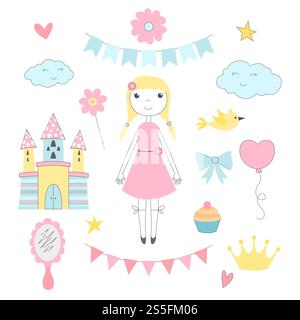 Handgezeichnete Bilder für Kinder. Prinzessin mit ihrem Märchenschloss. Vektor-Prinzessin und Schloss, Fantasy-Märchen Illustration. Handgezeichnete Bilder für Kinder. Prinzessin mit ihrem Märchenschloss Stock Vektor