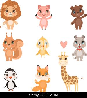 Tierbaby-Zeichentrickfilm. Hausschwein Hund und wilder Löwe Bär Eichhörnchen und Giraffe lustige niedliche Tiere Kinder Vektorbilder. Illustration von Giraffe und Löwe, Eichhörnchen und Hund. Tierbaby-Zeichentrickfilm. Hausschwein Hund und wilder Löwe Bär Eichhörnchen und Giraffe lustige niedliche Tiere Kinder Vektorbilder Stock Vektor