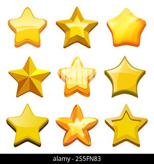 Gamecartoon-Stars. Crystal Golden gui-Schaltflächen Symbole und Statusleistenvektor Mobile Gaming Vorlage. Star-gui, Game-ui, Gold-Oberfläche, glänzende Sterne. Gamecartoon-Stars. Crystal Golden gui-Schaltflächen Symbole und Statusleistenvektor Mobile Gaming Vorlage Stock Vektor
