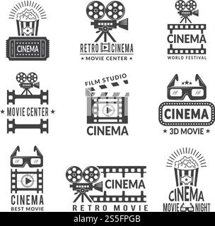 Videobeschriftungen festgelegt. Kinoproduktionsabzeichen im monochromen Stil. Kino Film Center, Film und Unterhaltung, Produktion Kinematographie, Vektor Illustration. Videobeschriftungen festgelegt. Kinoproduktionsabzeichen im monochromen Stil Stock Vektor