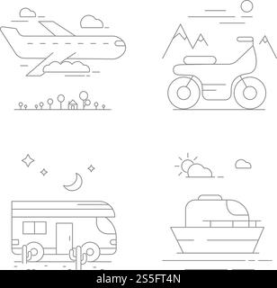 Symbole für den Stadtverkehr. Vektorzusammensetzungen mit Transport. Autobus und Flugzeug, Flugzeug und Schiff. Symbole für den Stadtverkehr. Vektorzusammensetzungen mit Transport Stock Vektor