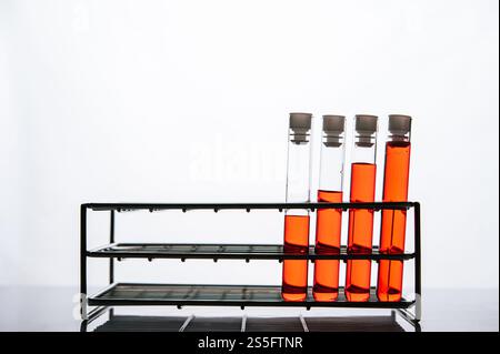 Orangene Chemikalien in einer wissenschaftlichen Glasröhre auf einem Regal. Stockfoto