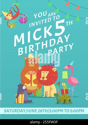 Birthday card invitation. Greeting baby invite placard with colored pictures of wild animals with gifts vector design template. Animal birthday anniversary, celebration banner invitation illustration. Birthday card invitation. Greeting baby invite placard with colored pictures of wild animals with gifts vector design template Stock Vektor