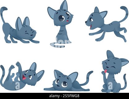 Kleine Kätzchen. Katzen häusliche süße und lustige kleine Babytiere spielen lächelnde Vektorfiguren isoliert. Katzenfigur häusliche, glückliche Tierkitty Illustration. Kleine Kätzchen. Katzen häusliche süße und lustige kleine Babytiere spielen lächelnde Vektorfiguren isoliert Stock Vektor
