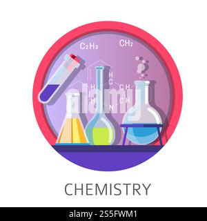 Chemiestudium und Unterricht an der Schule an der Universität Vektorlaborversuche und Entdeckungen von Röhren mit gefährlichen Substanzen Formeln und chemischen Prozessen in Glasbehältern. Chemiestudium und Unterricht an der Schuluniversität Stock Vektor