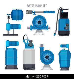 Wasserpumpensystem. Aqua Behandlung elektronischer Stahlkompressor Landwirtschaft Abwasserstation Vektorsymbole gesetzt. Druckpumpe, Stationsausrüstung, Installationsabbildung. Wasserpumpensystem. Aqua Behandlung elektronischer Stahlkompressor Landwirtschaft Abwasserstation Vektorsymbole gesetzt Stock Vektor