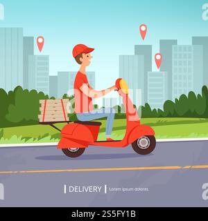 Pizza-Hintergrund für die Lieferung. Frisches Essen schnelle Lieferung Mann rot Motorrad perfekte Business Service Stadtlandschaft. Vektorbild. Abbildung: Motorrad, Kurierverpflegung Pizza-Hintergrund für die Lieferung. Frisches Essen schnelle Lieferung Mann rot Motorrad perfekte Business Service Stadtlandschaft. Vektorbild Stock Vektor