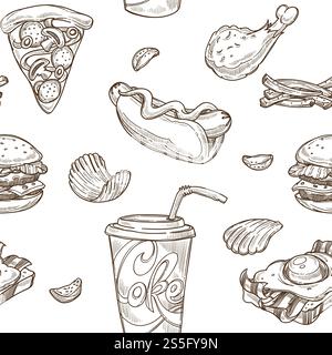 Hintergrund für Fastfood-Skizzen. Nahtloses Design von Cheeseburger, Hamburger und Hot Dog Sandwich, Pizza und Eis oder Donut Dessert und Getränke. Hintergrund für Fastfood-Skizzen. Nahtloses Vektordesign Stock Vektor
