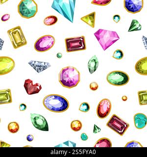 Edelsteine und Diamanten, Edelsteine nahtlose Muster Vektor. Kristall wohlhabende Produkte in Goldrahmen, Schmuckstücke, modische und teure Objekte. Funkelnde Karats und Facetten von Edelsteinen. Edelsteine und Diamanten, Edelsteine nahtlose Muster Vektor. Stock Vektor