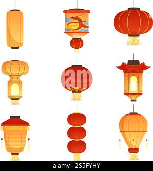 Chinese festival lanterns. China street asian chinatown wedding paper lanterns vector cartoon symbols isolated. Lamp and lantern, festival oriental light illustration. Chinese festival lanterns. China street asian chinatown wedding paper lanterns vector cartoon symbols isolated Stock Vector