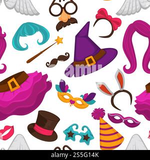 Karnevalsmasken und Kostümzubehör nahtloses Muster. Vektor flache Symbole Set aus Geburtstagsfeier Karnevalsmaske, Hexenhut und Perücke, Engelsflügel oder lustige Nase oder Schnurrbart Brille, Hasenohren und Zauberhut. Karnevalsmasken und Kostümzubehör nahtloses Muster. Stock Vektor