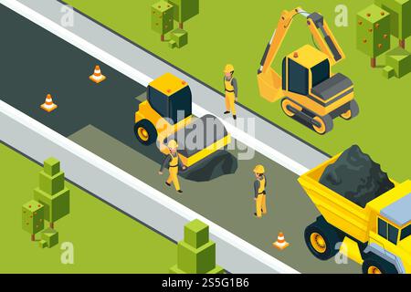Asphaltstraßenwalze. Städtische gepflasterte Straße Verlegung Sicherheit Boden Arbeiter Bauarbeiter gelbe Maschinen isometrische Vektorlandschaft. Abbildung: Straßenbau Asphalt, Gerätetransport. Asphaltstraßenwalze. Städtische gepflasterte Straße Verlegung Sicherheit Boden Arbeiter Bauarbeiter gelbe Maschinen isometrische Vektorlandschaft Stock Vektor