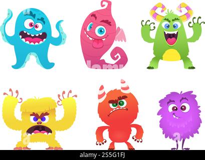 Cartoon-Monster. Goblin Gremlin Troll gruselige süße Gesichter von farbigen Monstern Vektor lustige Charaktere. Lustiges Gesicht Alien, halloween gruselige Gremlin Illustration. Cartoon-Monster. Goblin Gremlin Troll gruselige süße Gesichter von farbigen Monstern Vektor lustige Charaktere Stock Vektor