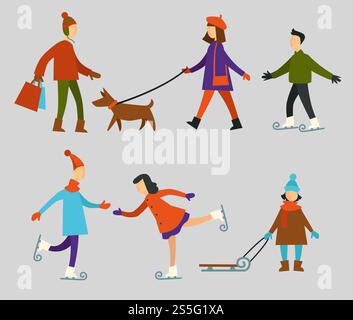 Leute laufen, Dame mit Hund Haustier an der Leine Vektor. Wintervergnügen von Kindern, die mit Schlitten stehen, Teenager, die Eislaufbahn üben. Mann, der mit Paketen vom Ladenmarkt nach Hause geht. Leute laufen, Dame mit Hund, Haustier an der Leine Stock Vektor