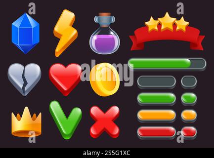 Symbole für das Spiel-ui-Kit. Sterne farbige Bänder Menüs und Statusleisten für Online-Web- oder Smartphone-Spiele Schnittstellen Vektor-2D-Symbole. GUI für App-Wiedergabe, ui-Fortschrittsstern-Illustration. Symbole für das Spiel-ui-Kit. Sterne farbige Bänder Menüs und Statusleisten für Online-Web- oder Smartphone-Spiele Schnittstellen Vektor-2D-Symbole Stock Vektor
