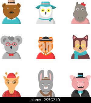 Tieravatare. Niedliche Hipster Tiere Fuchs Bär Hund Giraffe Eulen in lustigen Kleidung und Accessoires Vektor flache Zeichen. Charakteravatar Wildtier Hipster Illustration. Tieravatare. Niedliche Hipster Tiere Fuchs Bär Hund Giraffe Eulen in lustigen Kleidung und Accessoires Vektor flache Zeichen Stock Vektor