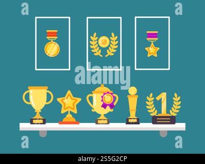 Erfolge in den Regalen. Goldene Pokale und Medaillen in Rahmen für die Illustration des Vektorkonzepts für sportliche Siege in flachem Stil. Trophäenpreis, Pokalwettbewerb, Gewinnermedaille. Erfolge in den Regalen. Goldene Pokale und Medaillen in Rahmen für die Illustration des Vektorkonzepts für sportliche Siege in flachem Stil Stock Vektor