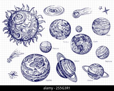 Hand gezeichnetes Sonnensystem und Raumelemente Vektordesign. Illustration des Galaxienraumes mit Sonnensystem mit Planeten. Hand gezeichnetes Sonnensystem und Raumelemente Vektordesign Stock Vektor