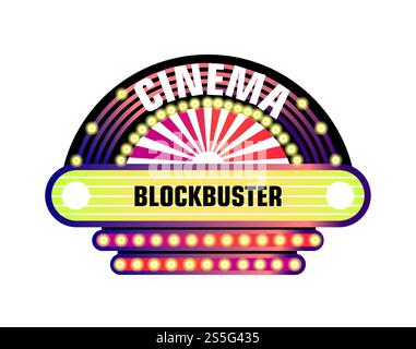 Retro-Schilder mit Neonlampen im Film- und Kinostil. Vektor-isoliertes Set von Kino oder Theater Premiere Vintage lila rosa Licht Zeichen mit Sternen und Spots. Retro-Schilder mit Neonlampen im Film- und Kinostil. Stock Vektor