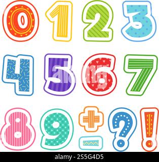 Zeichentricknummern. Farbiges lustiges Alphabet für Schulkinder Vektor Text Clipart Illustrationen isoliert. Farbige Zahlen, mathematische Zahlen, komische Zahlenarithmetik. Zeichentricknummern. Farbiges lustiges Alphabet für Schulkinder Vektor Text Clipart Illustrationen isoliert Stock Vektor
