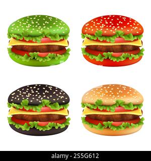 Farbige Burger. Fast Food Black Cheeseburger Brot in verschiedenen Farben und Zutaten Mahlzeit Rindfleisch Tomaten Pommes frites köstliche Lebensmittel Vektor. Hamburger und Burger, schwarz-grüne und rote Fastfood-Illustration. Farbige Burger. Fast Food Black Cheeseburger Brot in verschiedenen Farben und Zutaten Mahlzeit Rindfleisch Tomaten Pommes frites köstliche Lebensmittel Vektor Stock Vektor