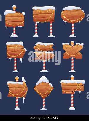 Straßenschilder im Schnee. Hölzerne weihnachtsrichtungspfeile mit schneebedeckten Kappen weihnachtsschilder Nordpol Abenteuer Vektorbilder. Illustration von Holzplanken und Pfeilen aus Holzplakaten. Straßenschilder im Schnee. Hölzerne weihnachtsrichtungspfeile mit schneebedeckten Kappen weihnachtsschilder Nordpol Abenteuer Vektorbilder Stock Vektor